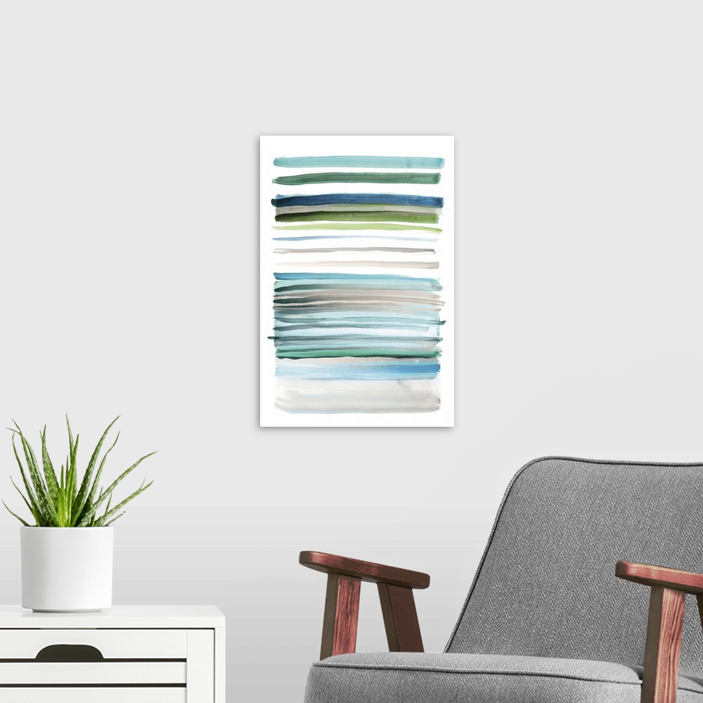 A modern room featuring Abstract watercolor artwork of horizontal bands of varying widths in shades of turquoise, grey, a...