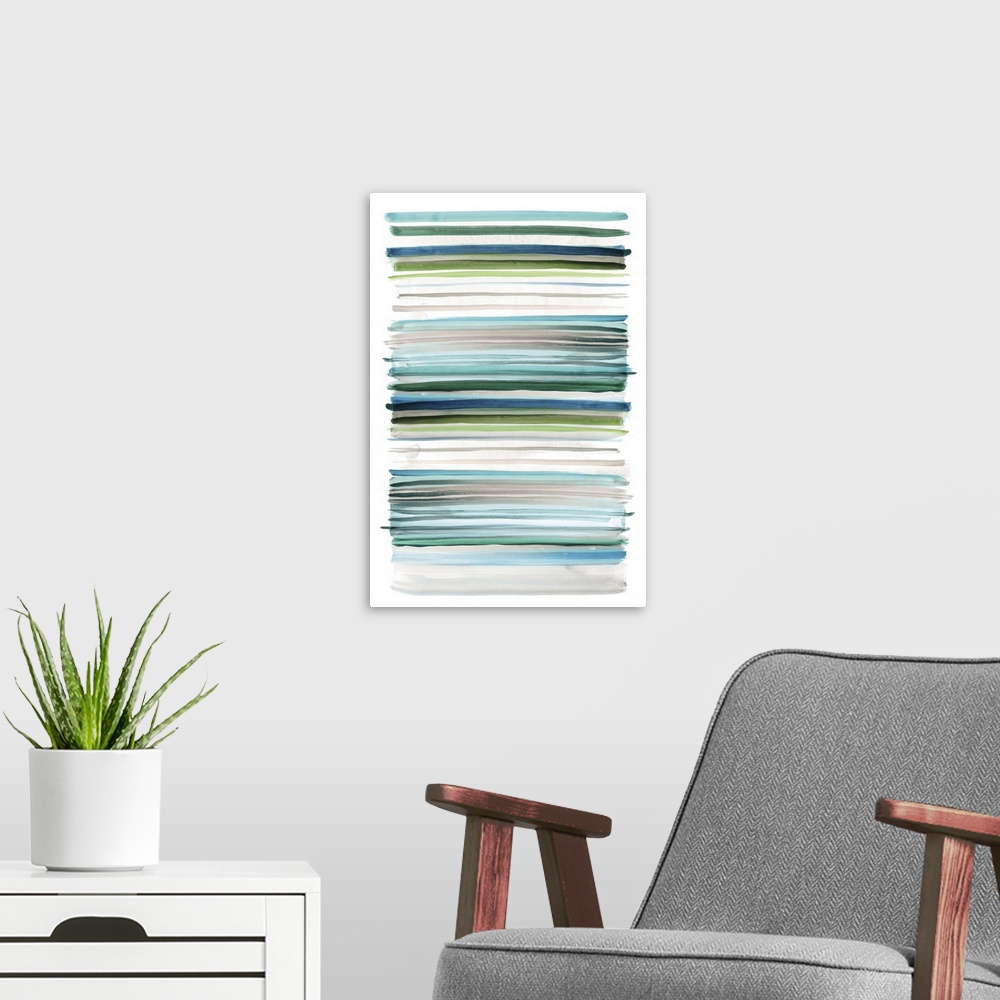 A modern room featuring Abstract watercolor artwork of horizontal bands of varying widths in shades of turquoise, grey, a...