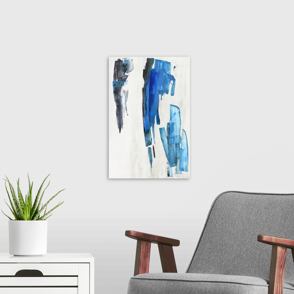 A modern room featuring An abstract painting of shapes in a vibrant color of blue.