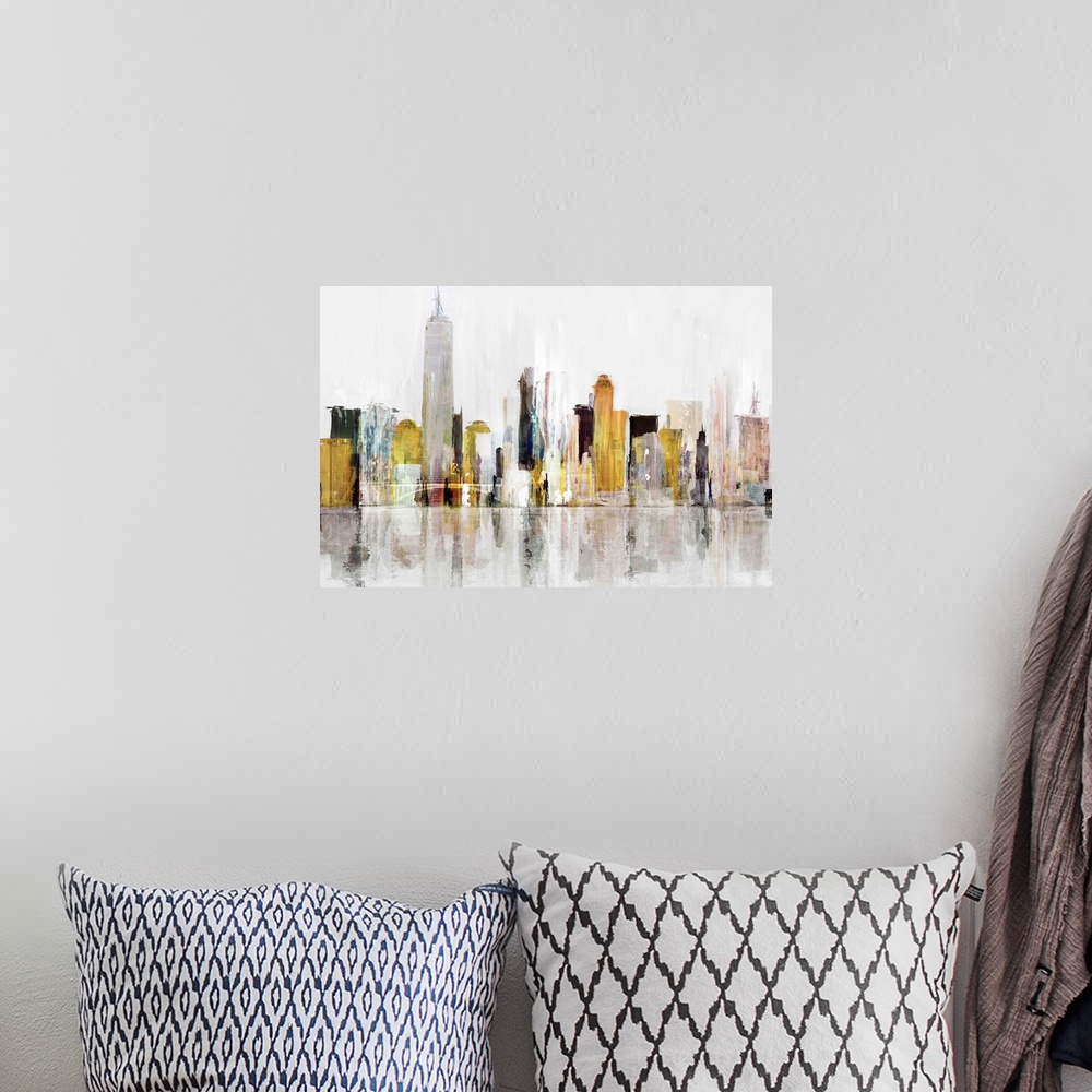 A bohemian room featuring A multi-color painting of the city skyline of New York City along the Hudson river.