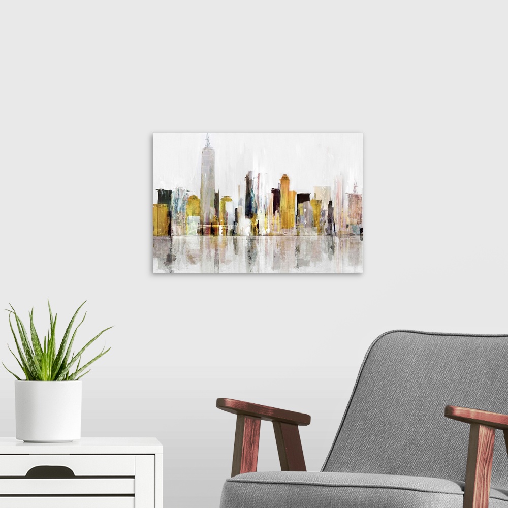 A modern room featuring A multi-color painting of the city skyline of New York City along the Hudson river.
