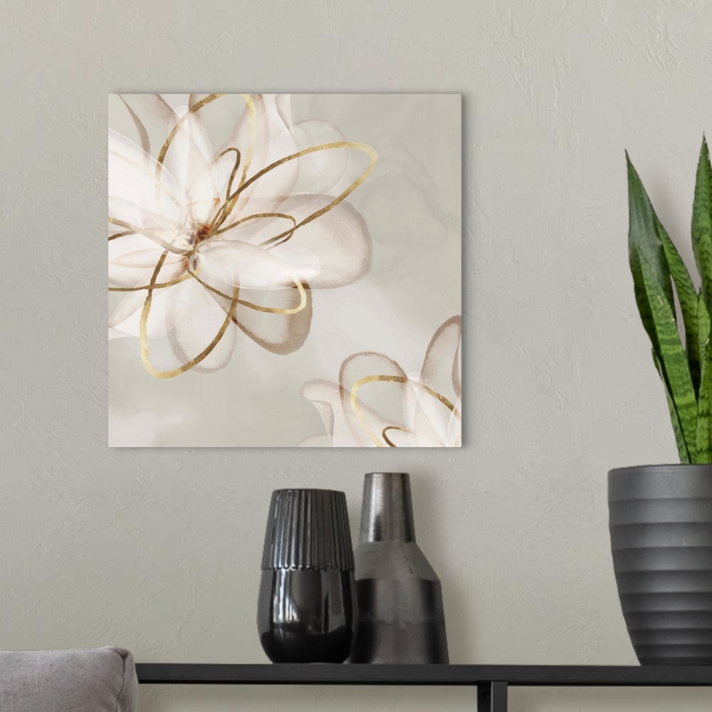 A modern room featuring Abstract watercolor painting of flowers with gold accents.
