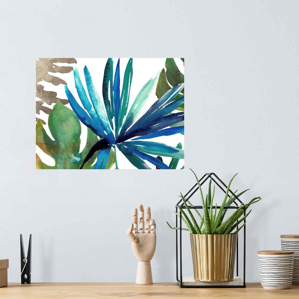 A bohemian room featuring Watercolor ferns and palm fronds in cool tropical shades.