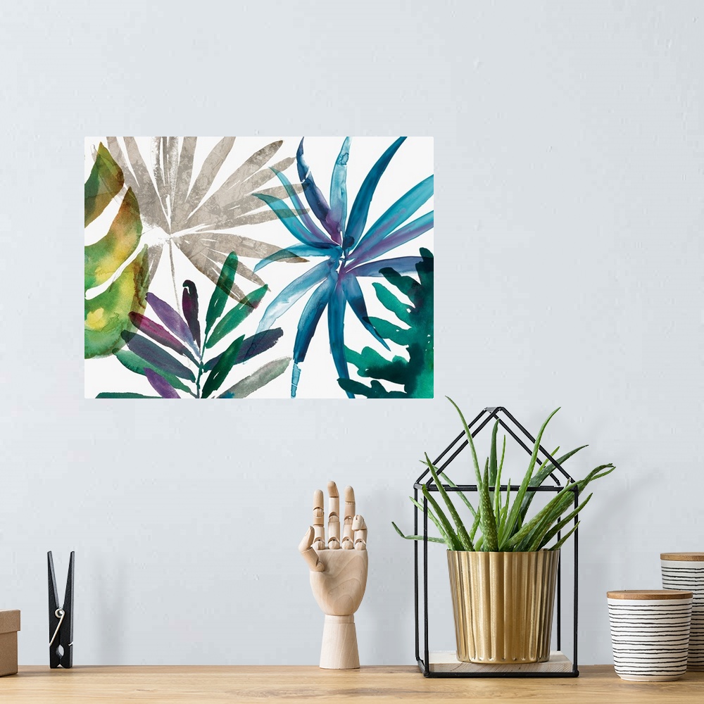 A bohemian room featuring Watercolor ferns and palm fronds in cool tropical shades.