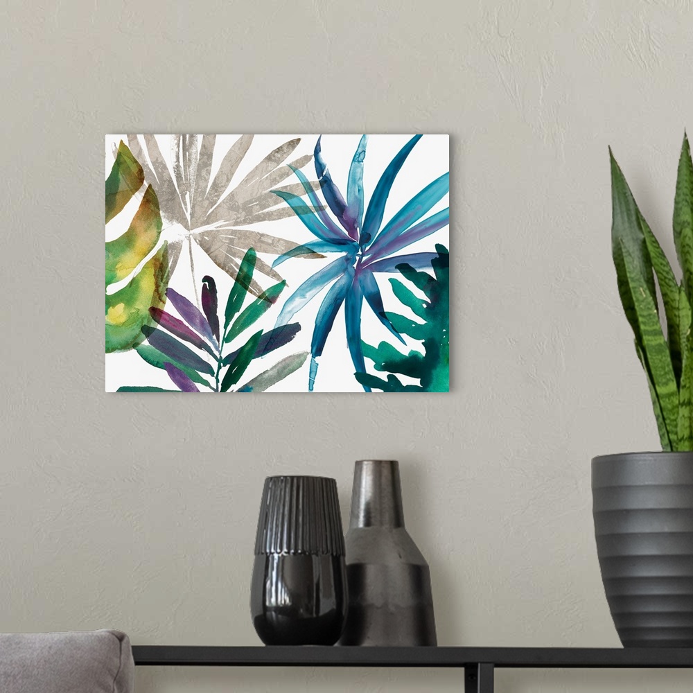A modern room featuring Watercolor ferns and palm fronds in cool tropical shades.