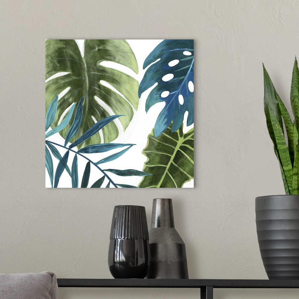 A modern room featuring Painting of broad tropical leaves in blue and green.