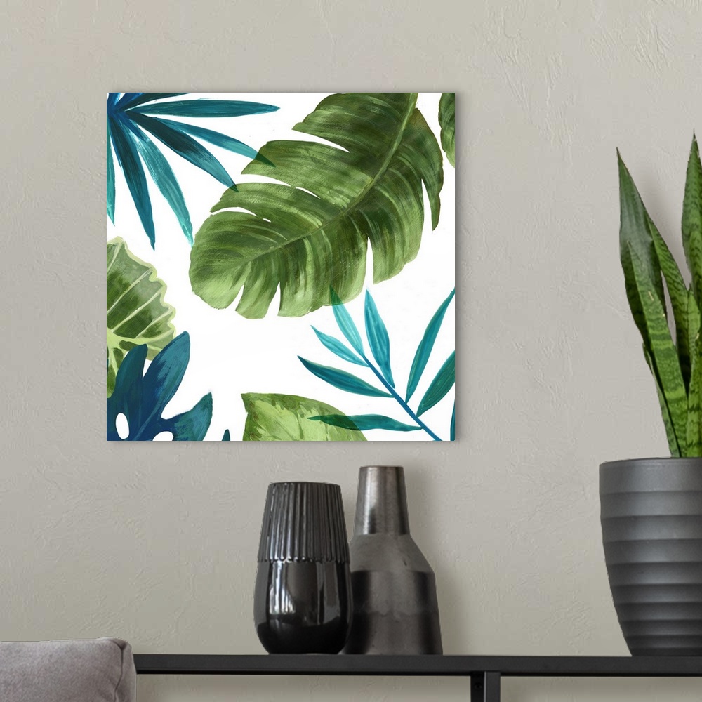 A modern room featuring Painting of broad tropical leaves in blue and green.
