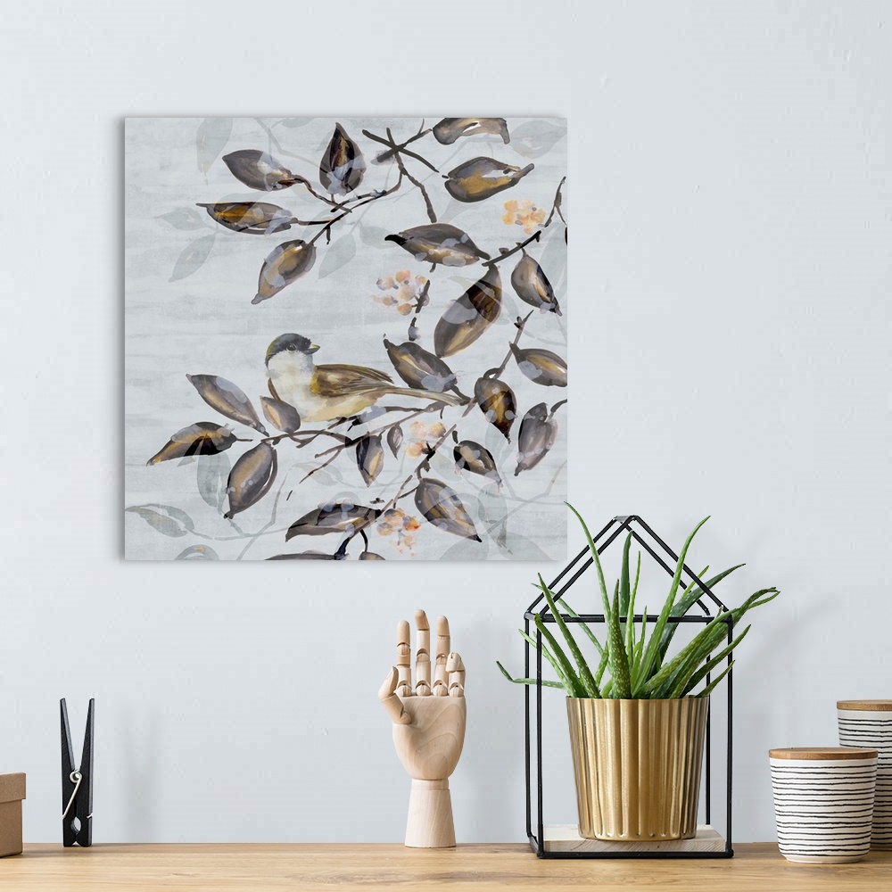 A bohemian room featuring A contemporary painting of a bird on a tree branch against a neutral textured backdrop.