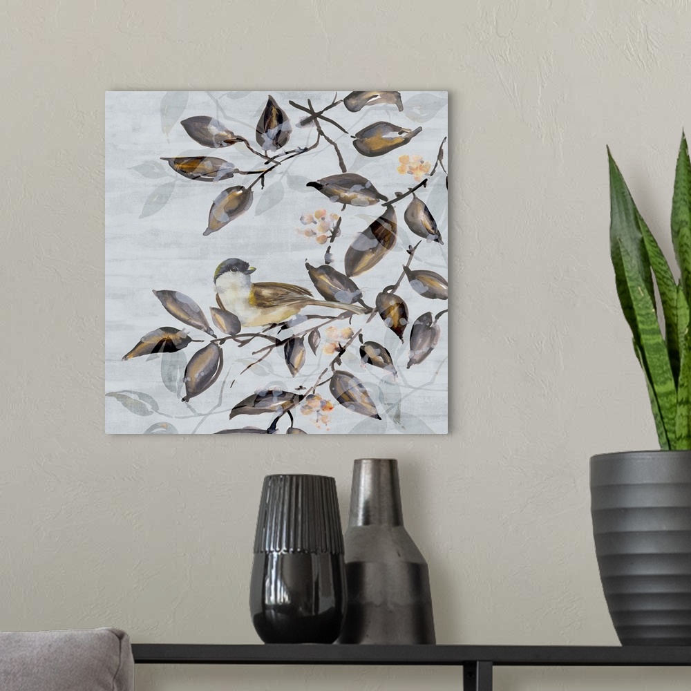 A modern room featuring A contemporary painting of a bird on a tree branch against a neutral textured backdrop.
