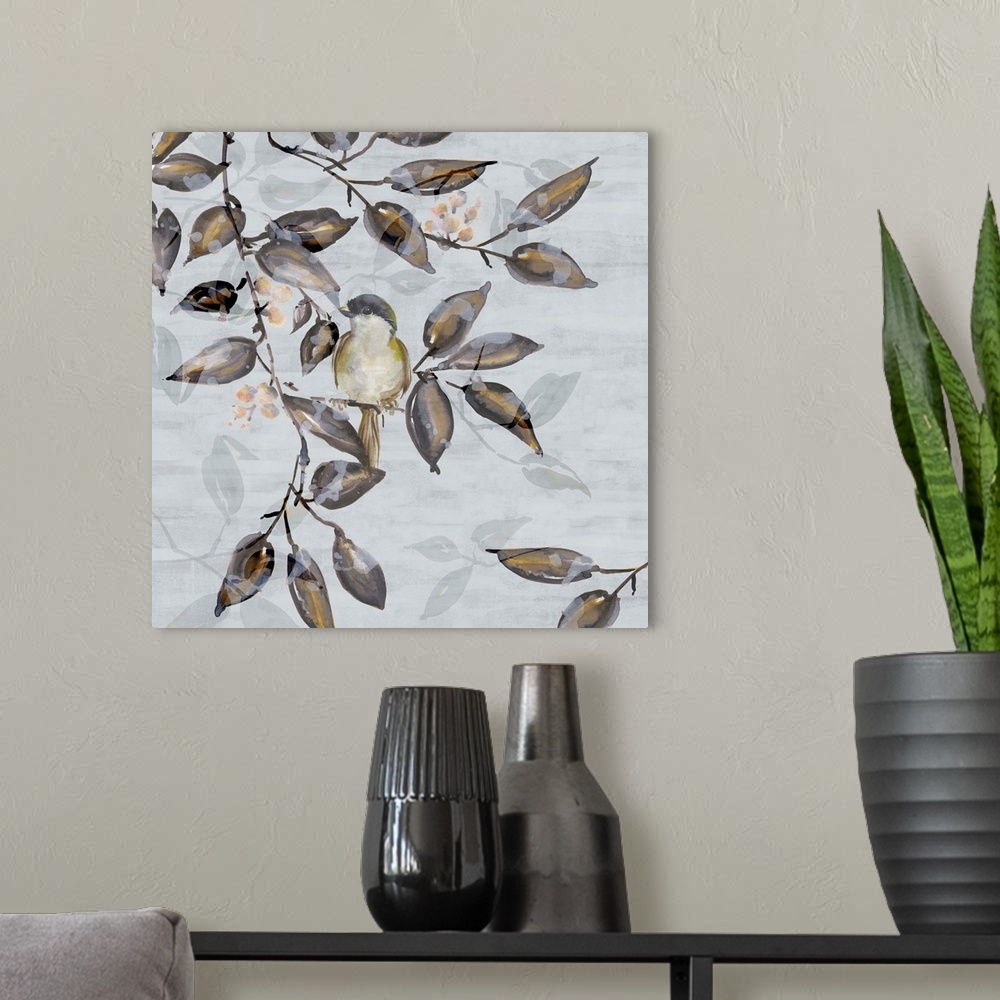 A modern room featuring A contemporary painting of a bird on a tree branch against a neutral textured backdrop.