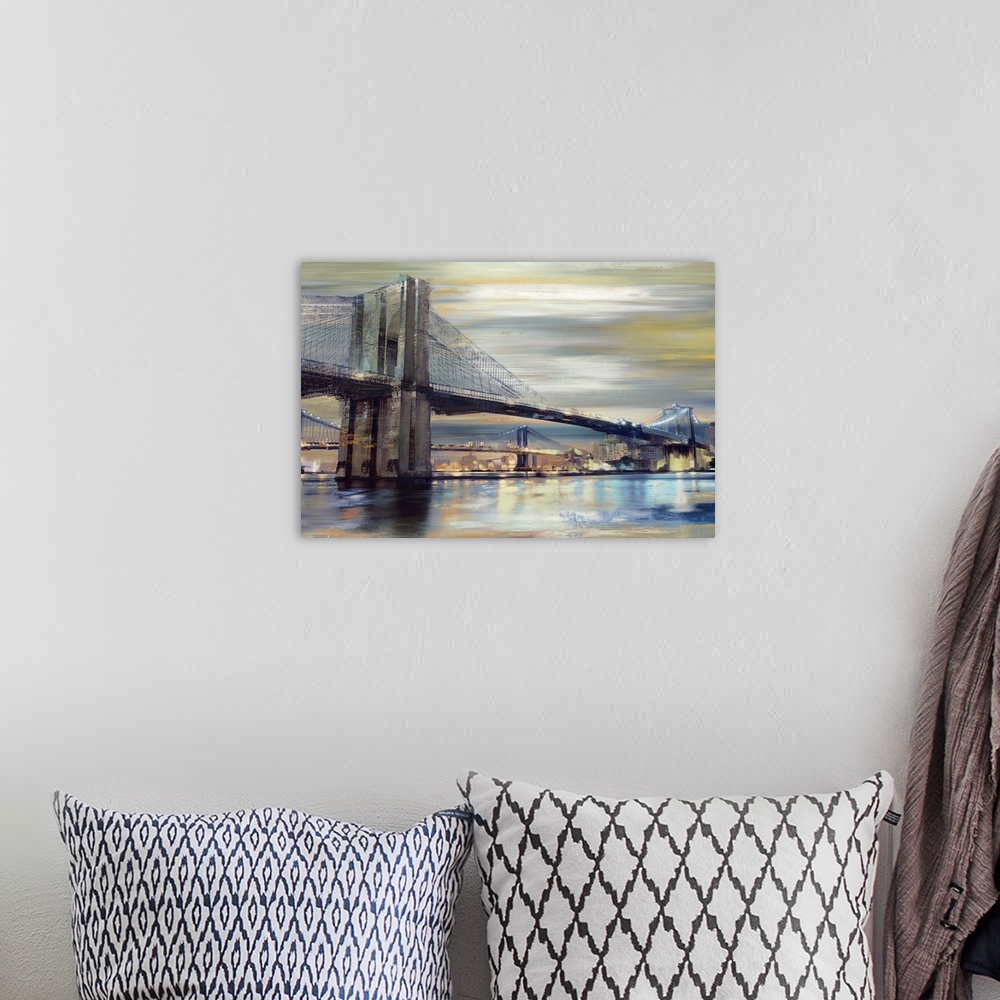 A bohemian room featuring Contemporary home decor artwork of the Brooklyn bridge over the river at twilight.