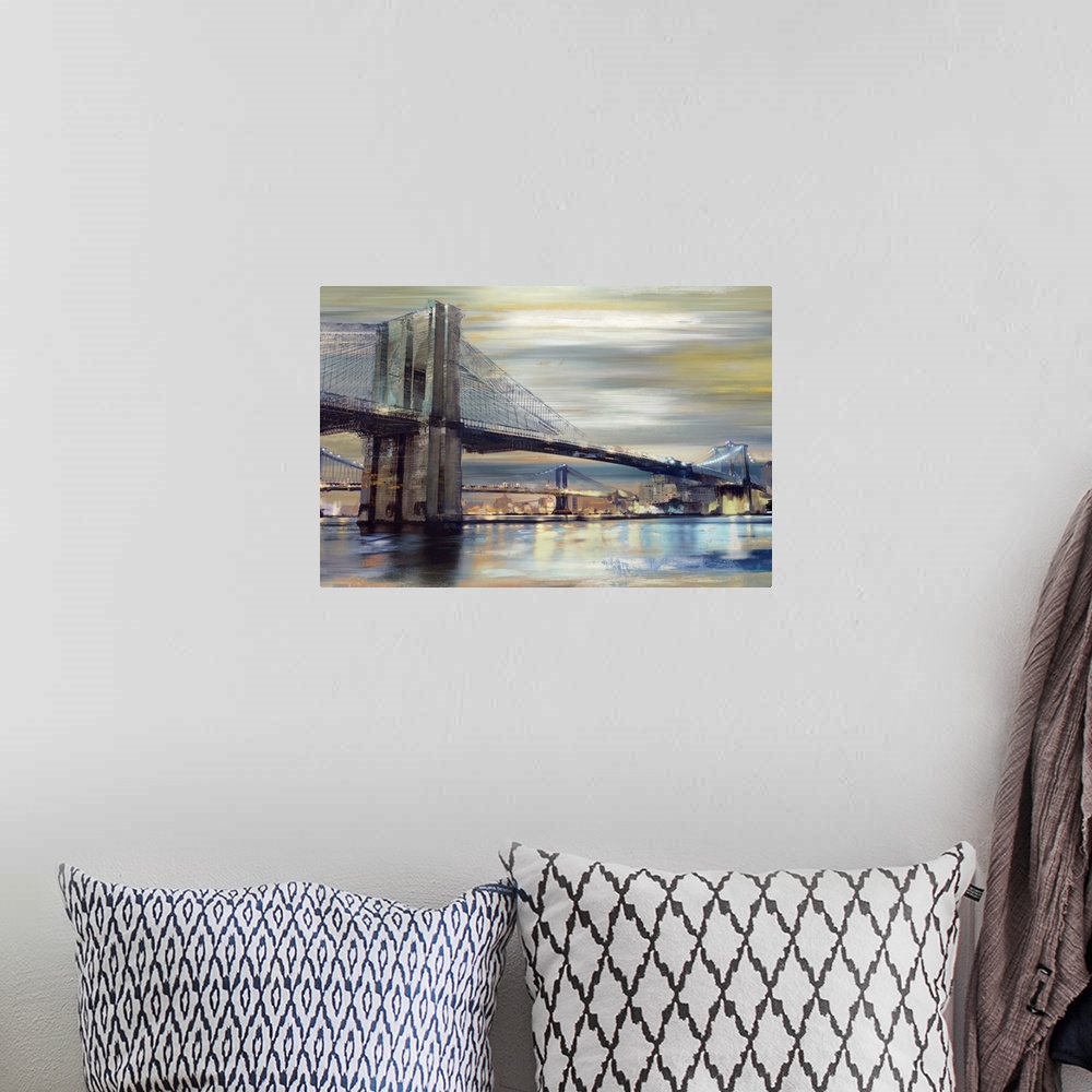A bohemian room featuring Contemporary home decor artwork of the Brooklyn bridge over the river at twilight.
