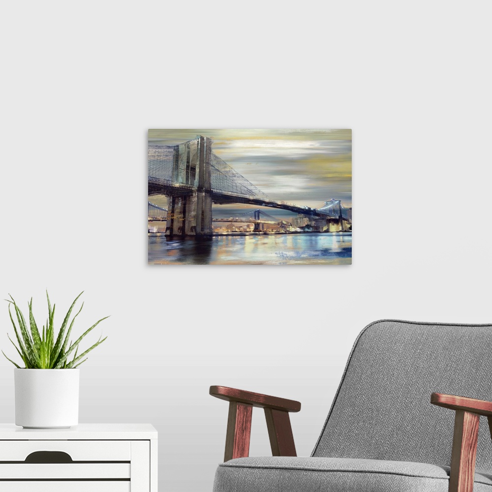 A modern room featuring Contemporary home decor artwork of the Brooklyn bridge over the river at twilight.