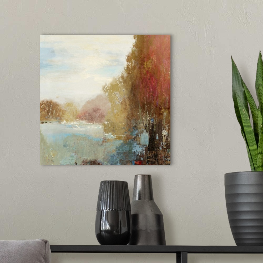 A modern room featuring Contemporary home decor artwork of an autumn countryside scene.