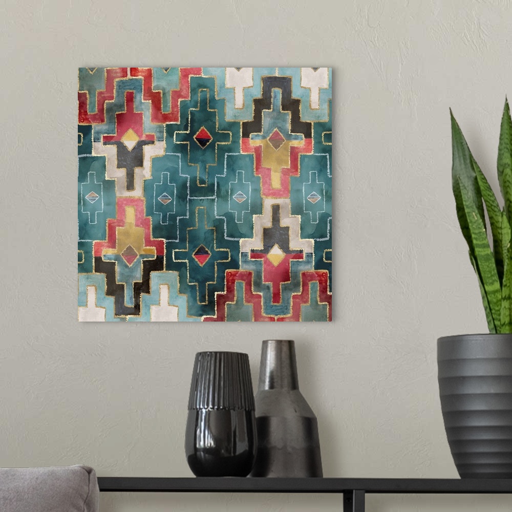 A modern room featuring Bohemian pattern in teal and red with metallic gold accents.