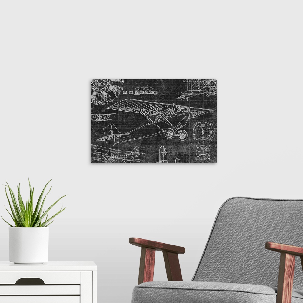 A modern room featuring Diagram of a vintage airplane on black.