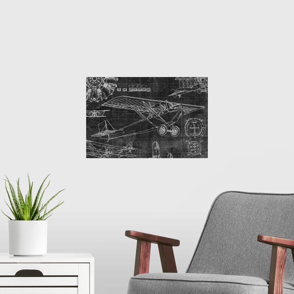 A modern room featuring Diagram of a vintage airplane on black.