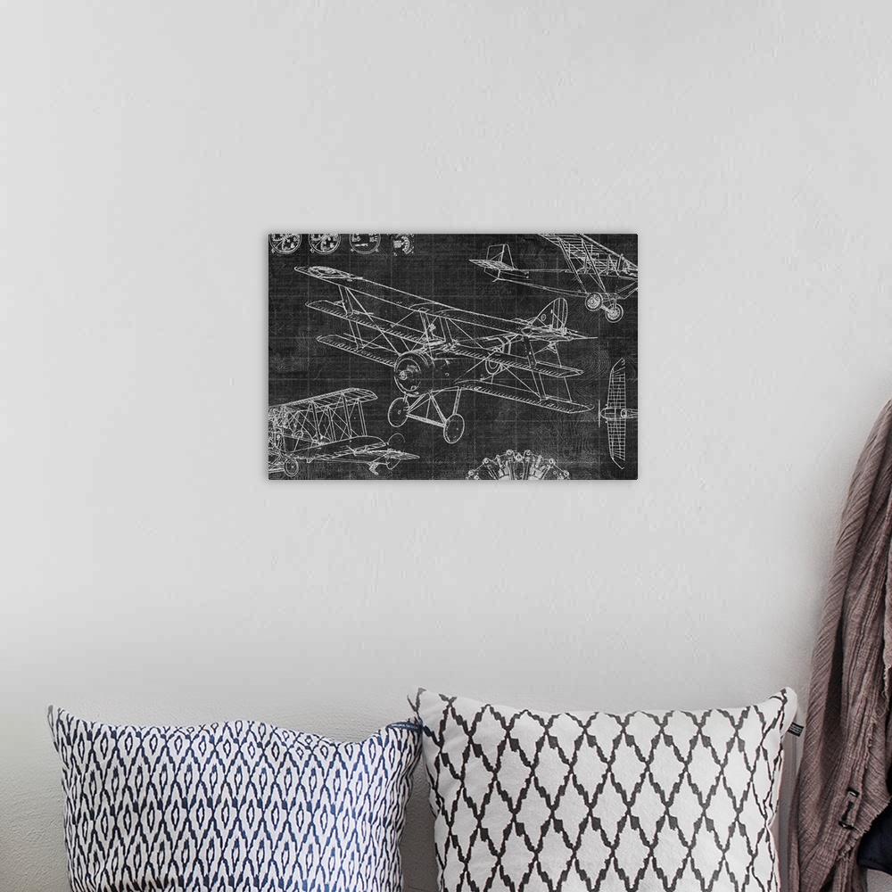 A bohemian room featuring Diagram of a vintage airplane on black.