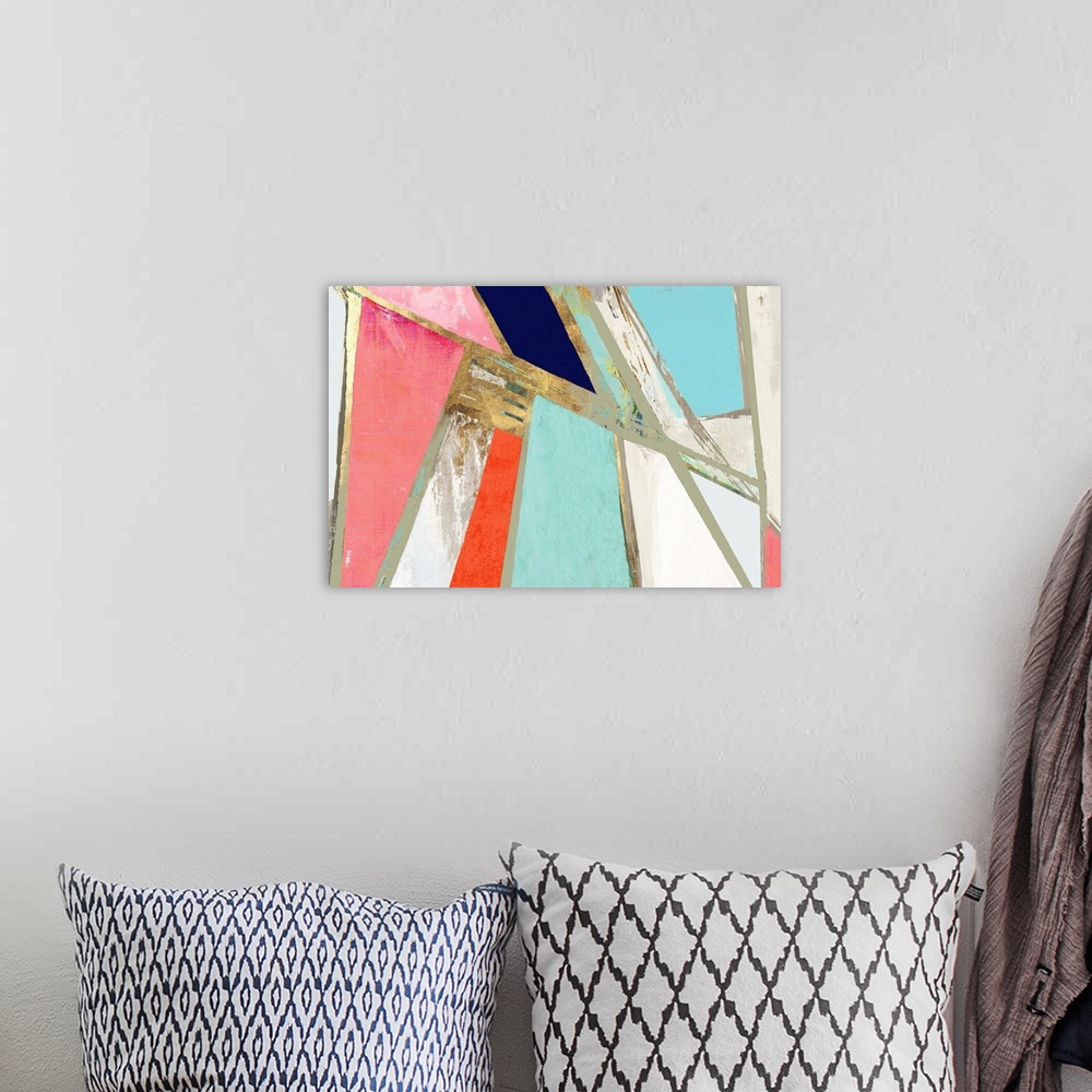 A bohemian room featuring Contemporary abstract painting in modern teal, pink, and navy colors with gold edges.