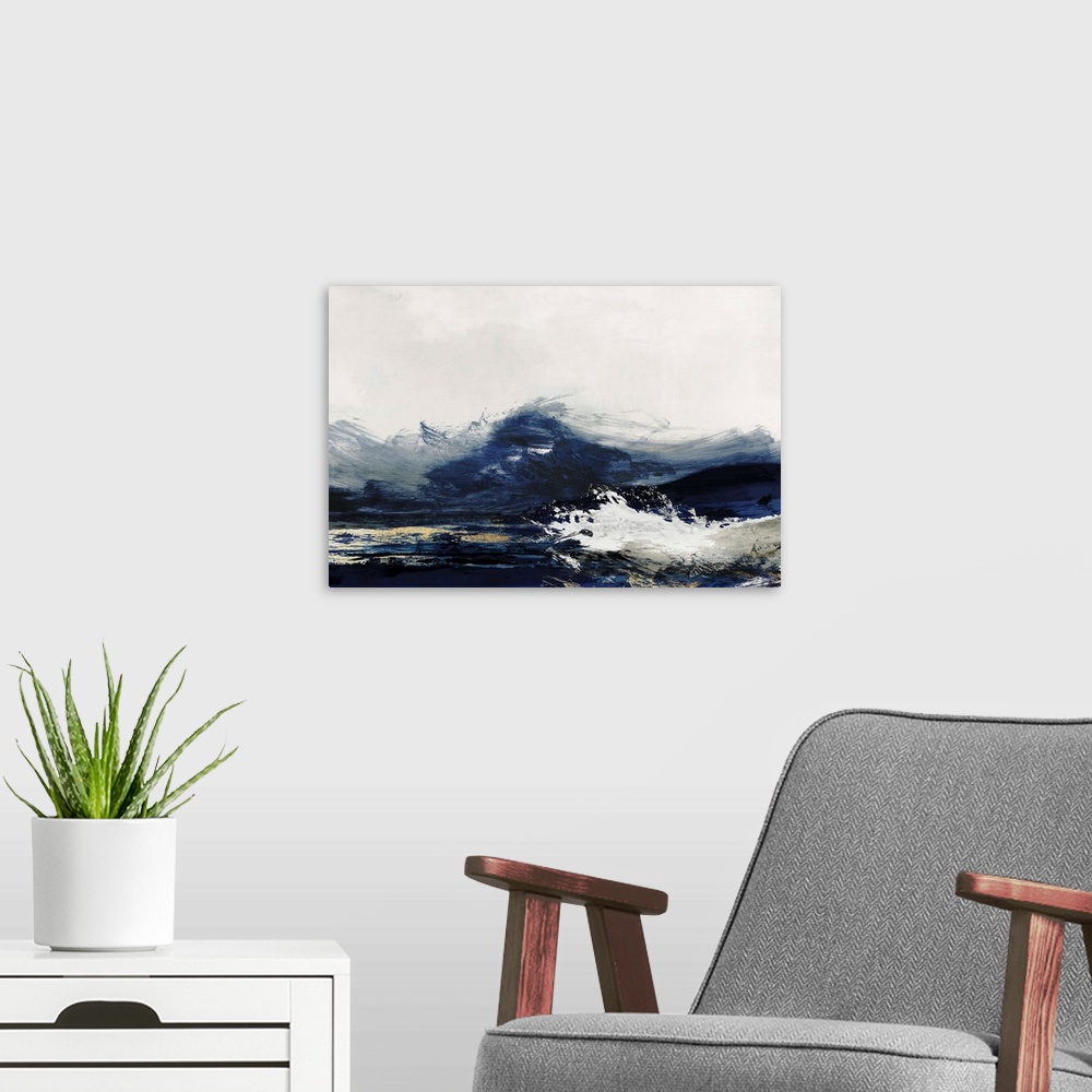 A modern room featuring Abstract painting with dark navy blue and white, resembling crashing waves.