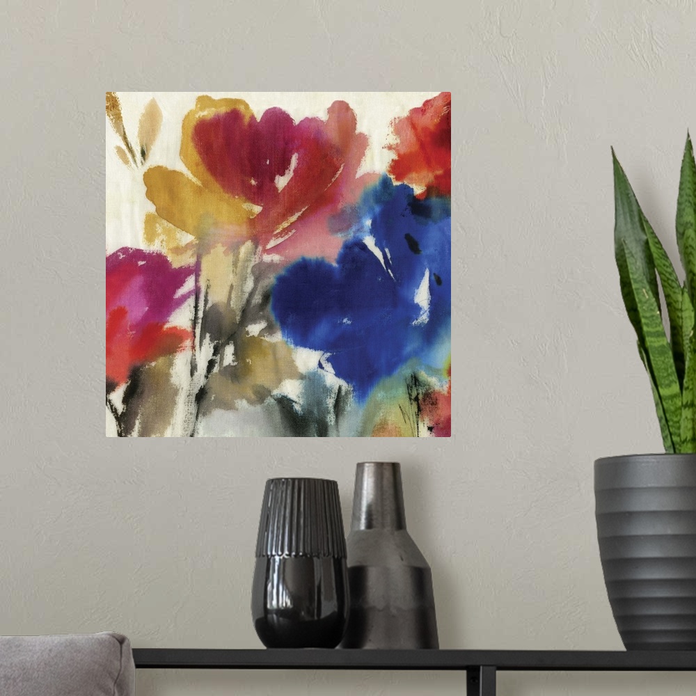 A modern room featuring Contemporary watercolor home decor artwork of flowers against a neutral background.