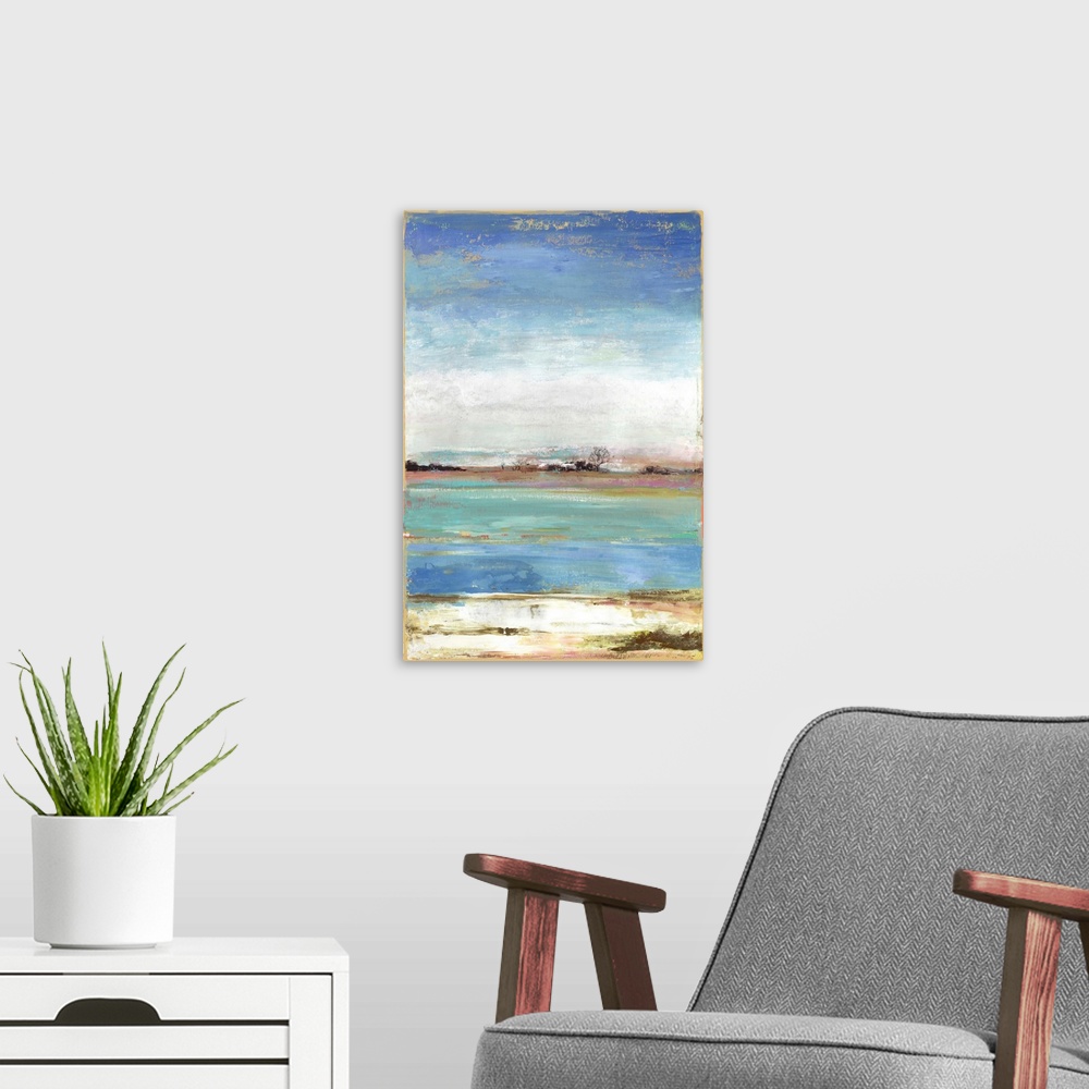 A modern room featuring Vertical artwork of an abstract landscape about a waterfront with blue skies.