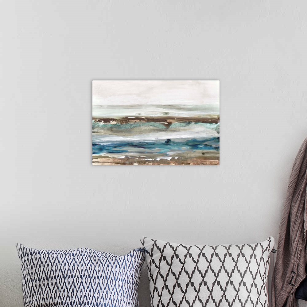A bohemian room featuring Abstract seascape of waves crashing against a sandy shore.