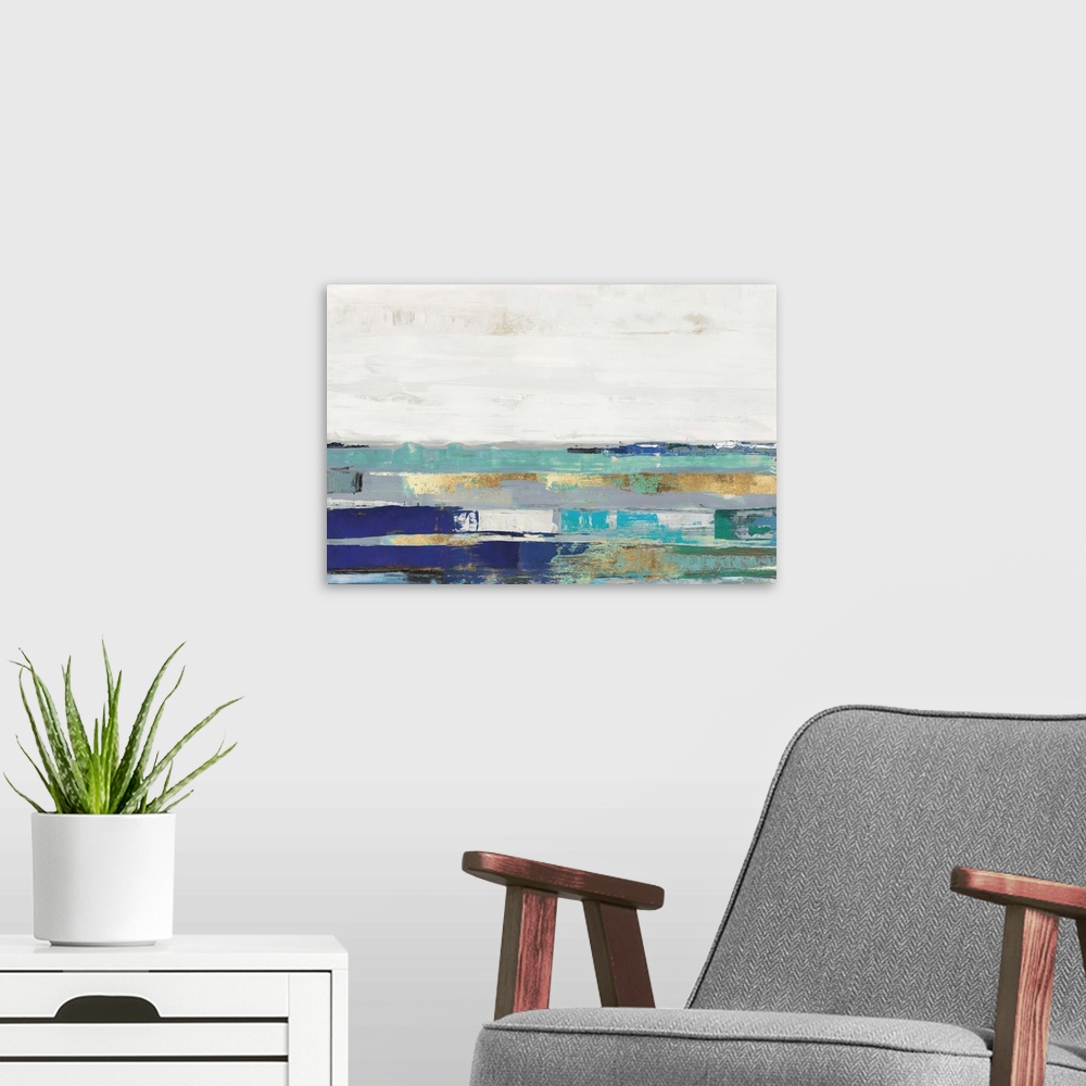 A modern room featuring Abstract painting with blue, turquoise, and gold streaks under white.