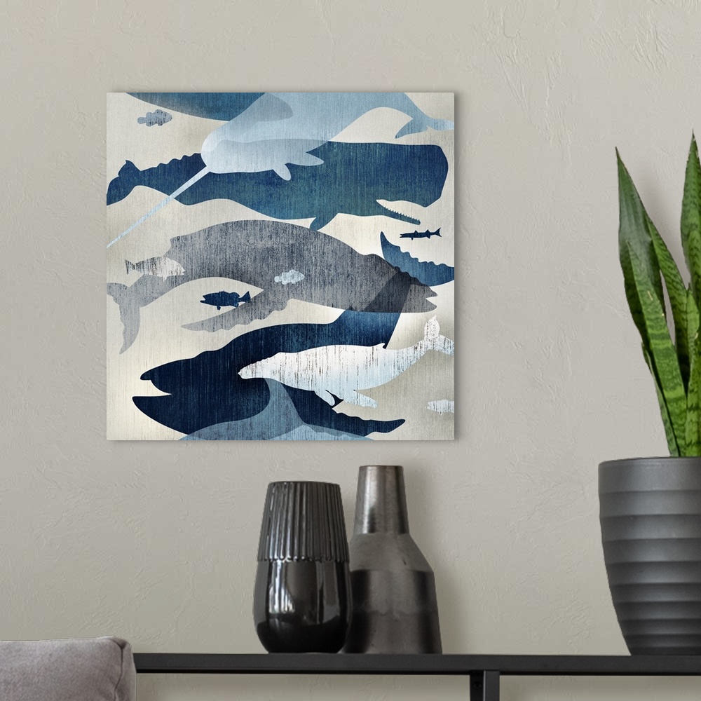 A modern room featuring Outlines of various whale species in blue tones.