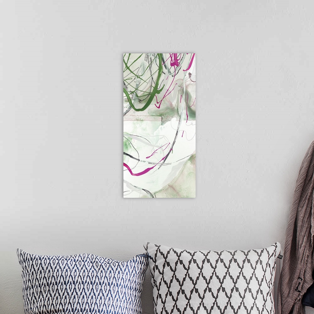 A bohemian room featuring A whirlwind of shapes and colors are in this abstract vertical painting.