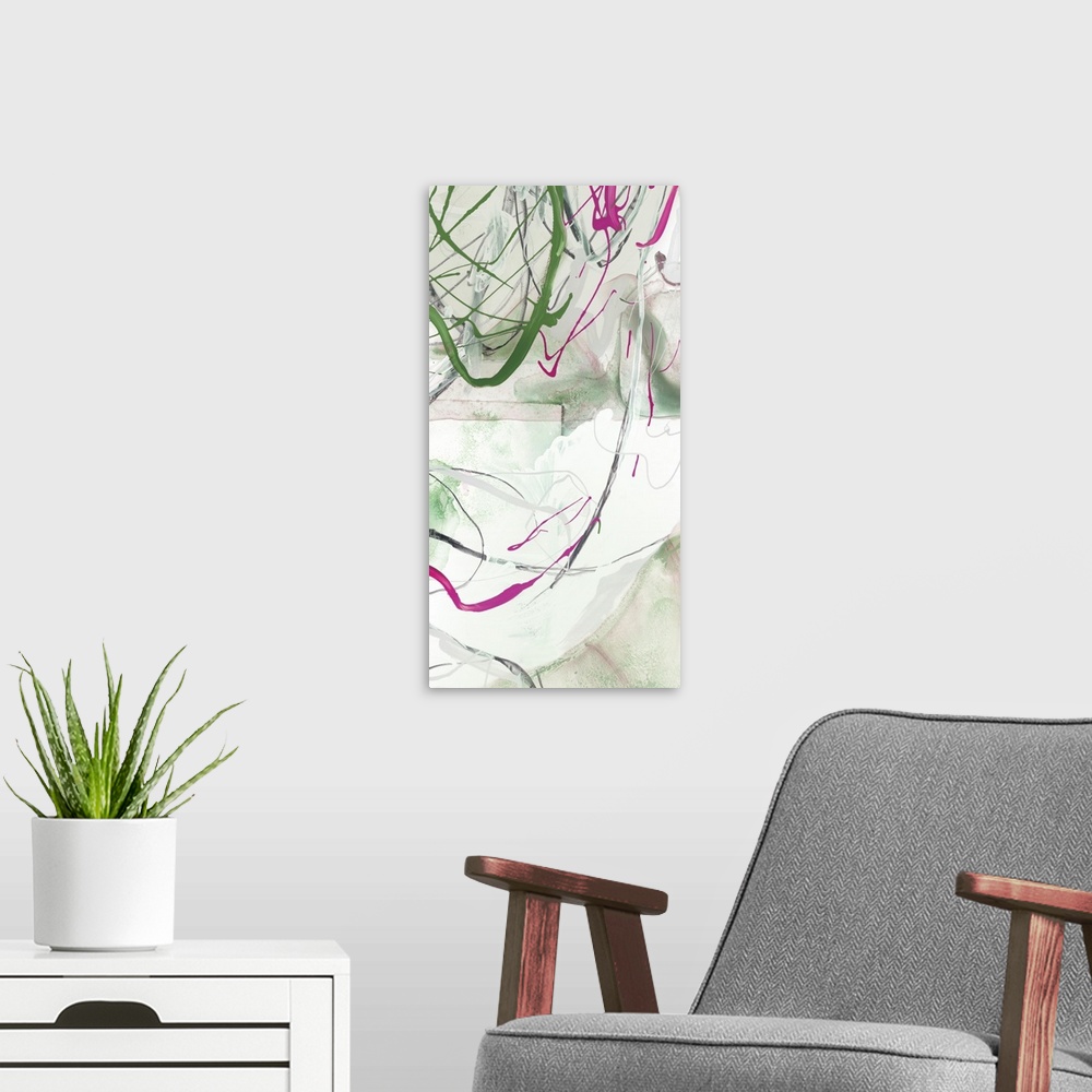 A modern room featuring A whirlwind of shapes and colors are in this abstract vertical painting.