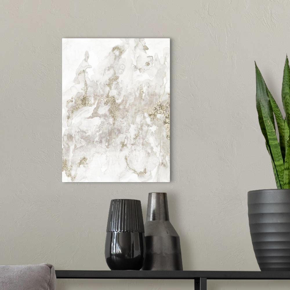 A modern room featuring Vertical abstract painting in textured shades of gold.