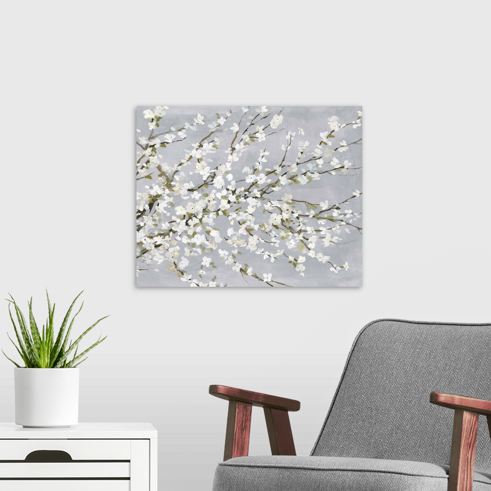 A modern room featuring Contemporary painting of white floral blossoms on a gray background.
