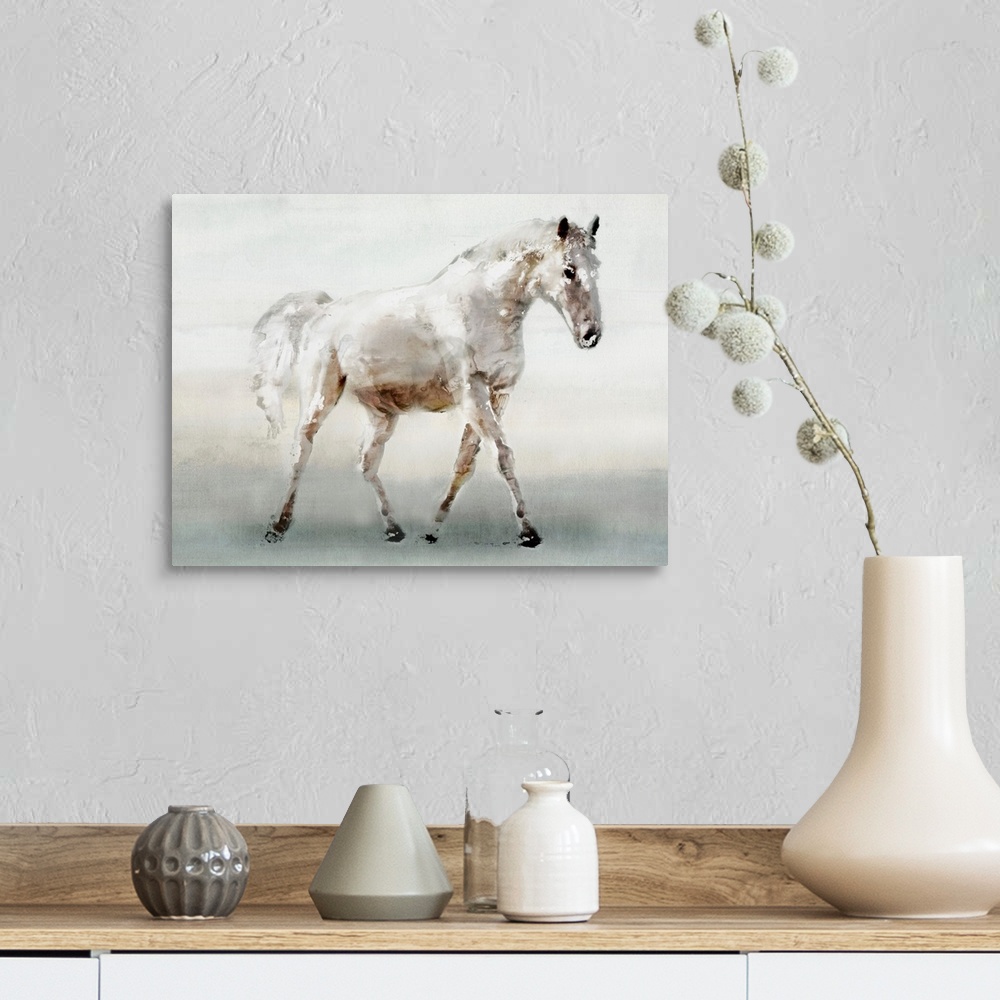 A farmhouse room featuring Contemporary artwork of a white horse walking slowly.