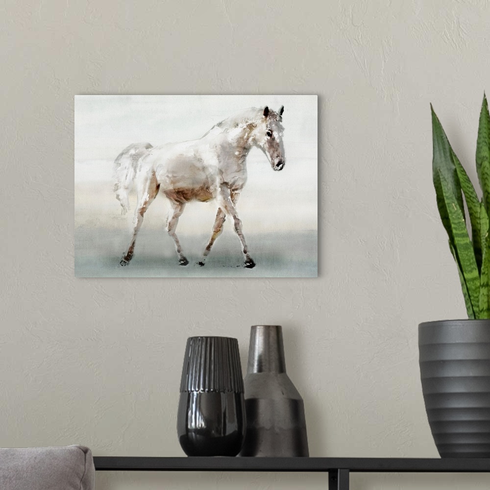 A modern room featuring Contemporary artwork of a white horse walking slowly.
