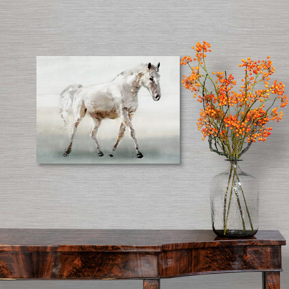A traditional room featuring Contemporary artwork of a white horse walking slowly.
