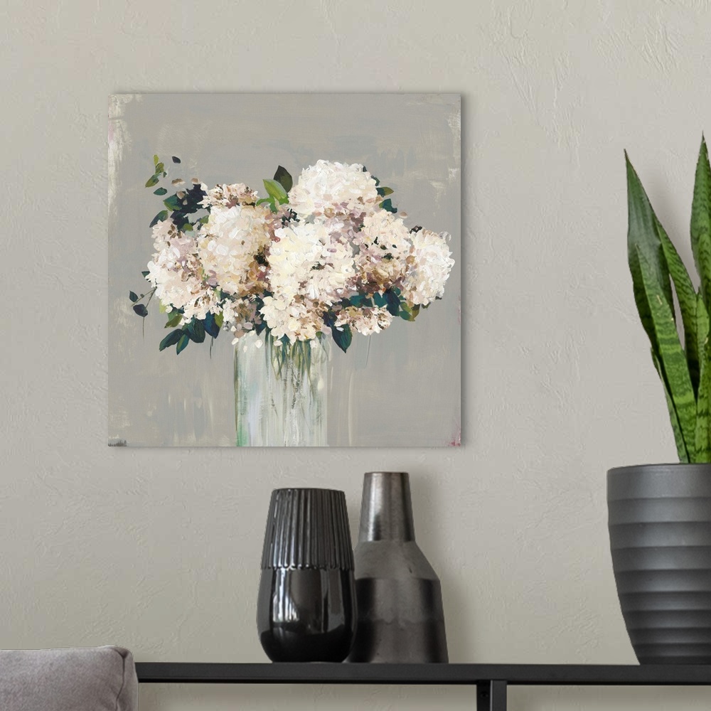 A modern room featuring Bouquet of hydrangeas painted with a subdued color palette.