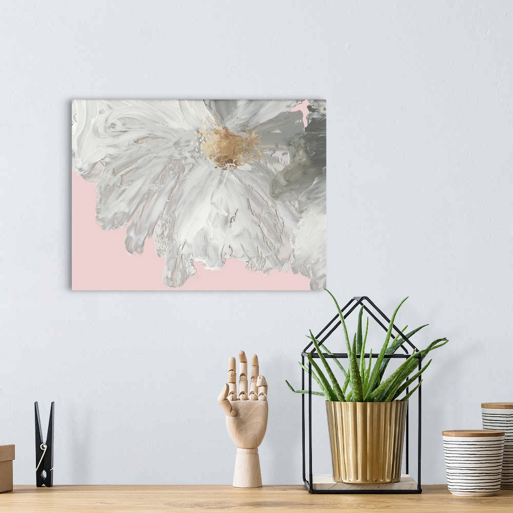 A bohemian room featuring Decorative artwork with a large white peony on a pale pink background.