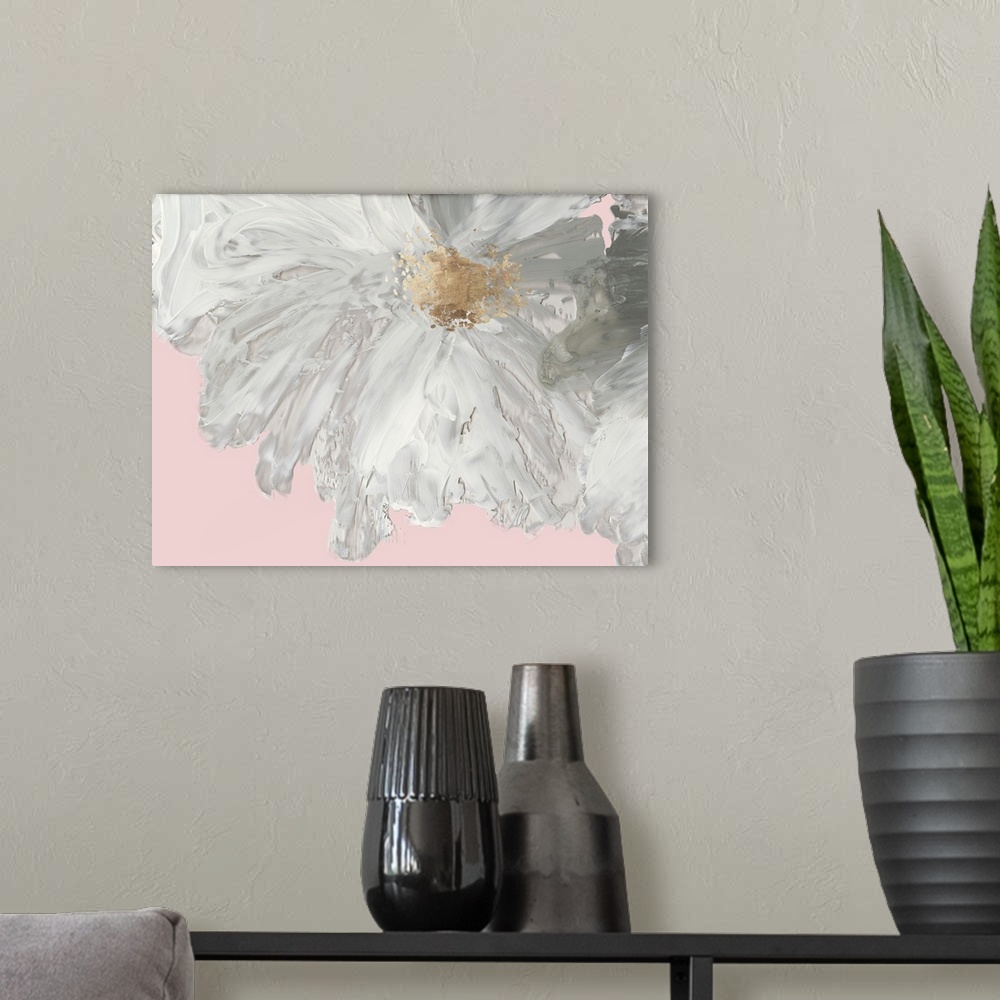 A modern room featuring Decorative artwork with a large white peony on a pale pink background.