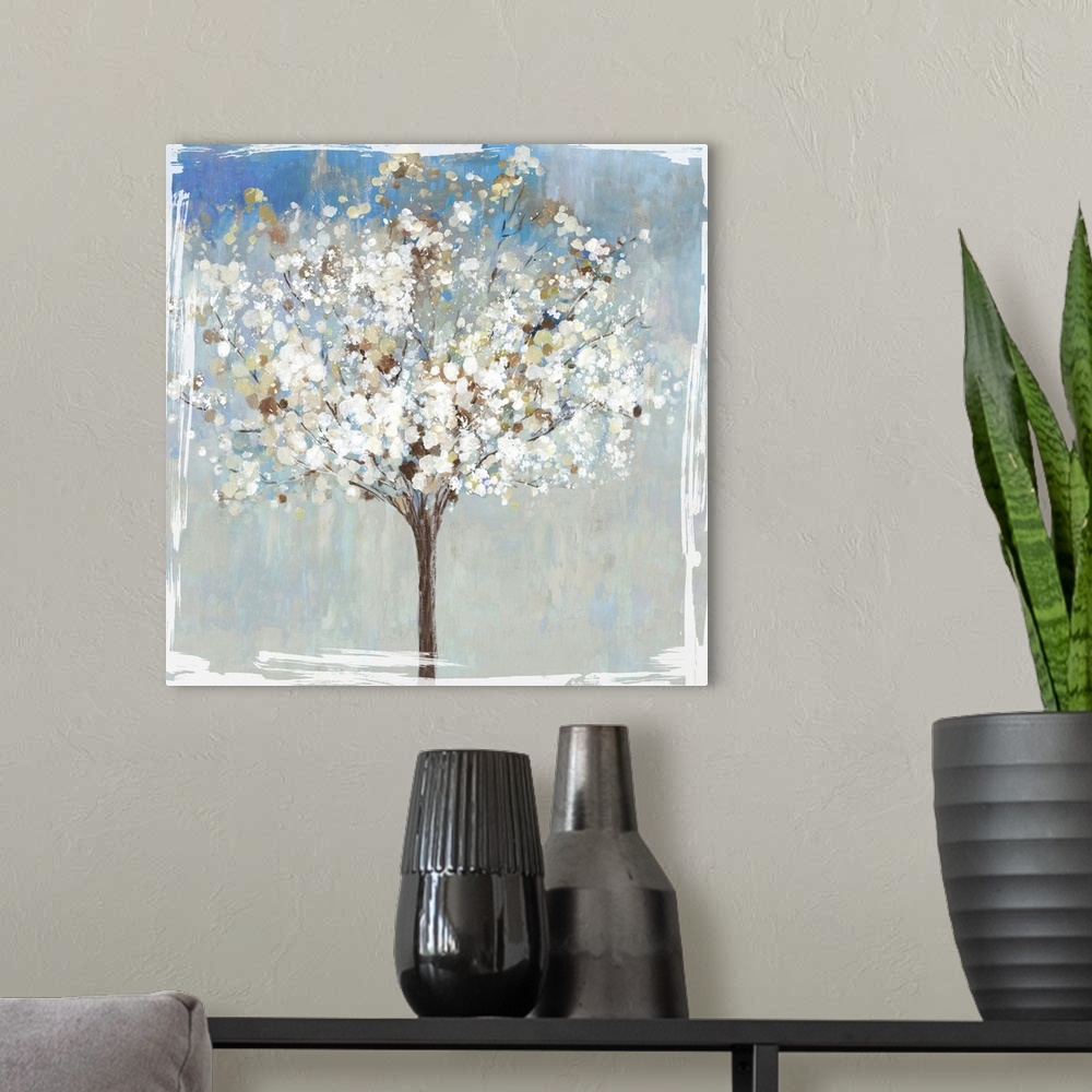 A modern room featuring Abstract painting of a tree in winter.