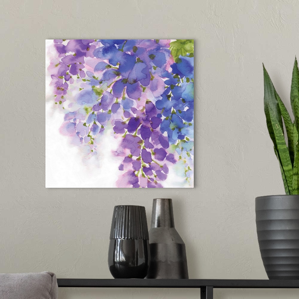 A modern room featuring Square painting with abstract florals in shades of purple and olive green leaves on a white backg...