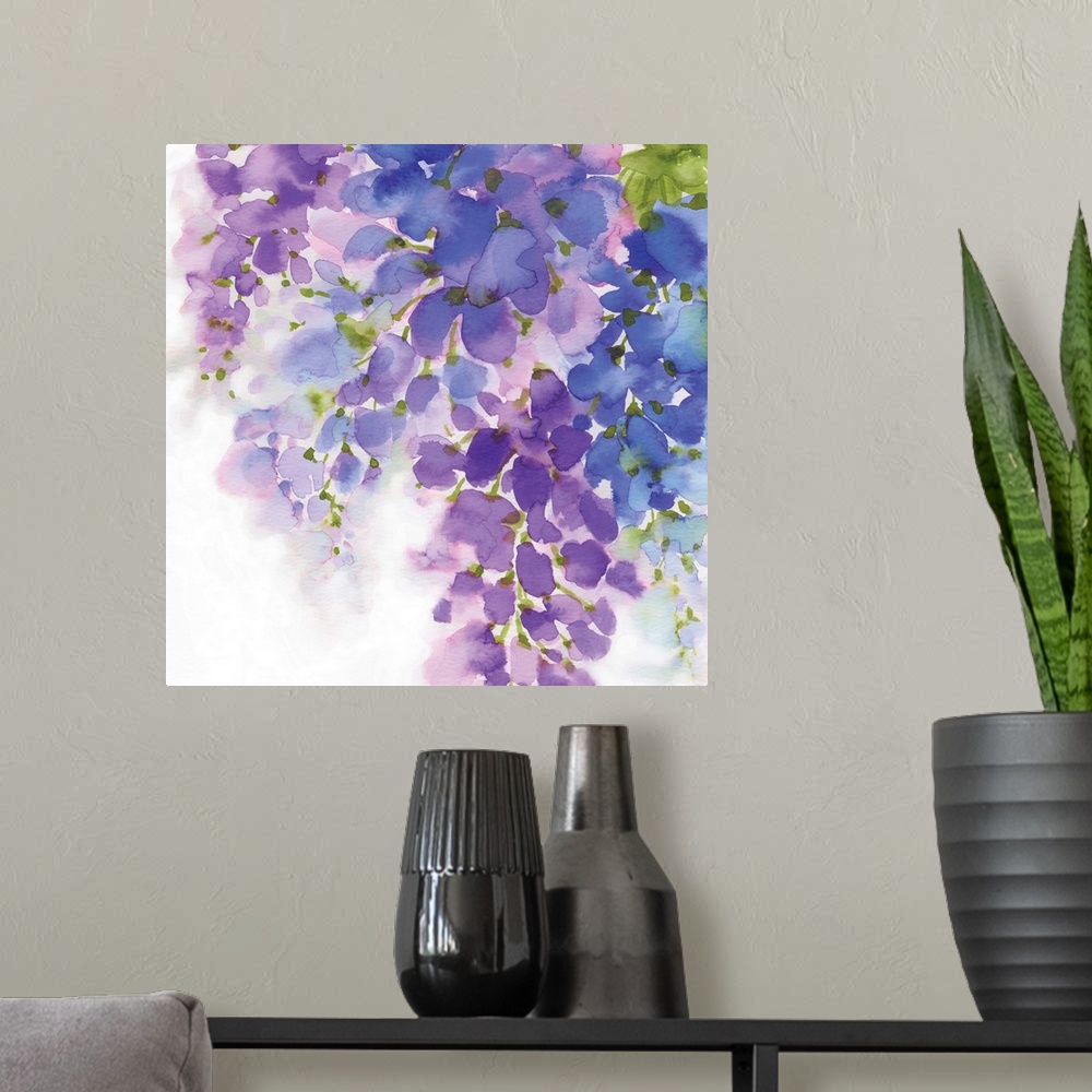 A modern room featuring Square painting with abstract florals in shades of purple and olive green leaves on a white backg...