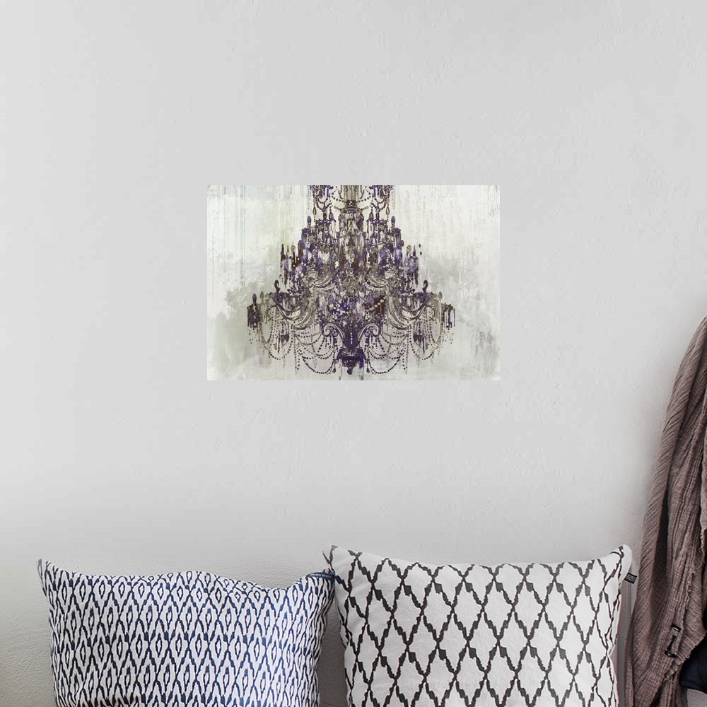 A bohemian room featuring Illustration of a chandelier with pops of purple on a gray toned background with a streaky texture.