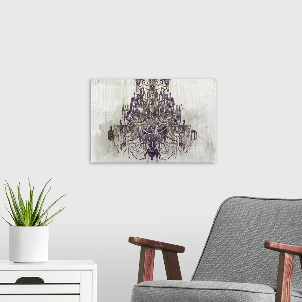 A modern room featuring Illustration of a chandelier with pops of purple on a gray toned background with a streaky texture.