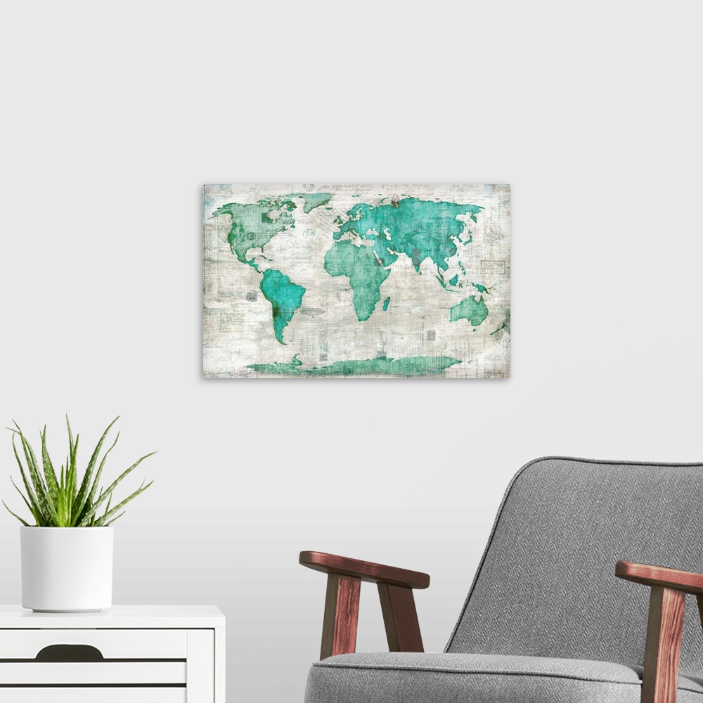 A modern room featuring Map of the world in teal with a weathered appearance.