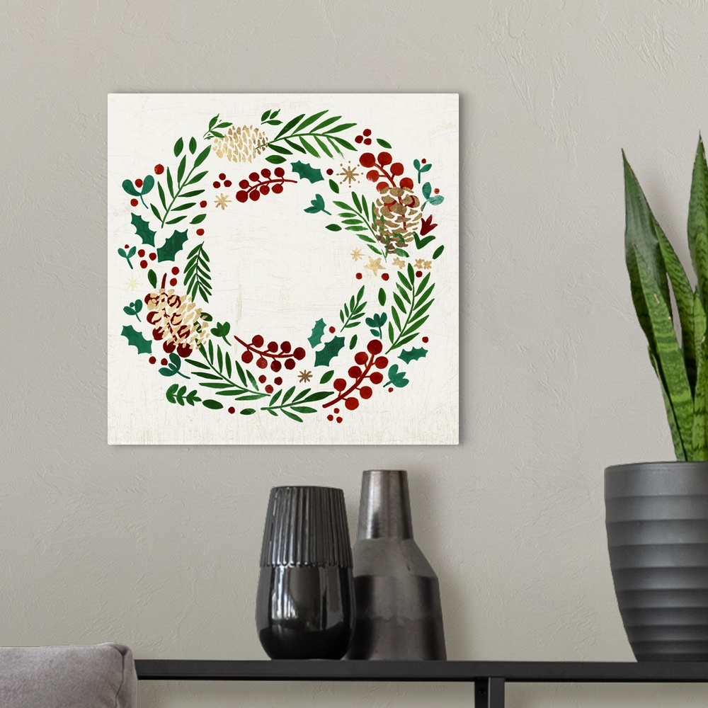 A modern room featuring Wreath with Pinecones