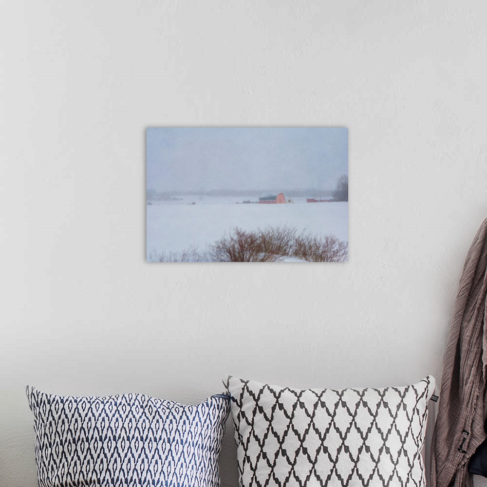 A bohemian room featuring Pictorial photograph of a red country barn on a farm in winter during a snowstorm.