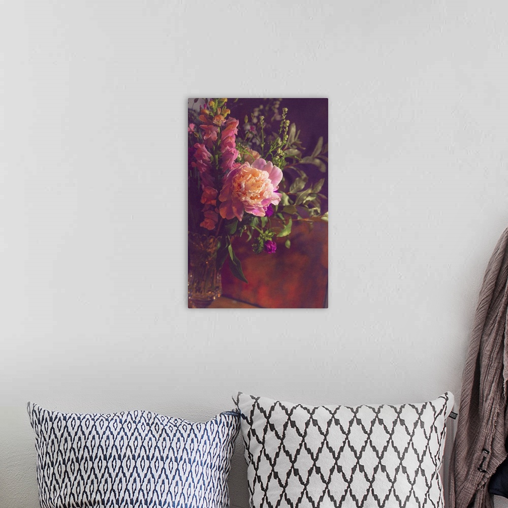 A bohemian room featuring Still life with peony and snap dragons.