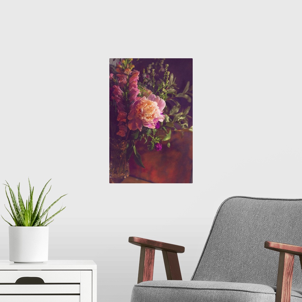 A modern room featuring Still life with peony and snap dragons.