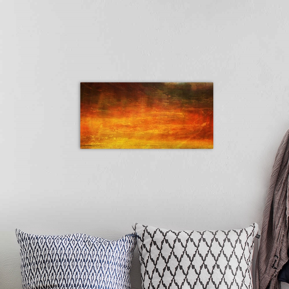 A bohemian room featuring A horizontal abstract painting from a contemporary artist that uses warm fiery tones to generate ...